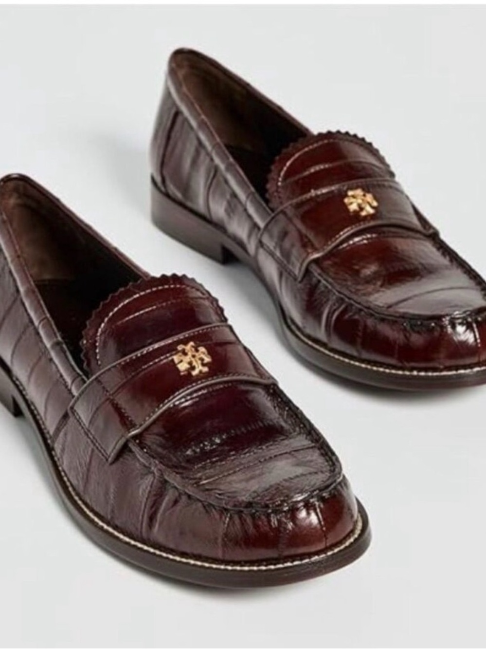 **ISO** Tory Burch Brown Eel/Croc Penny Loafers - Sz 10